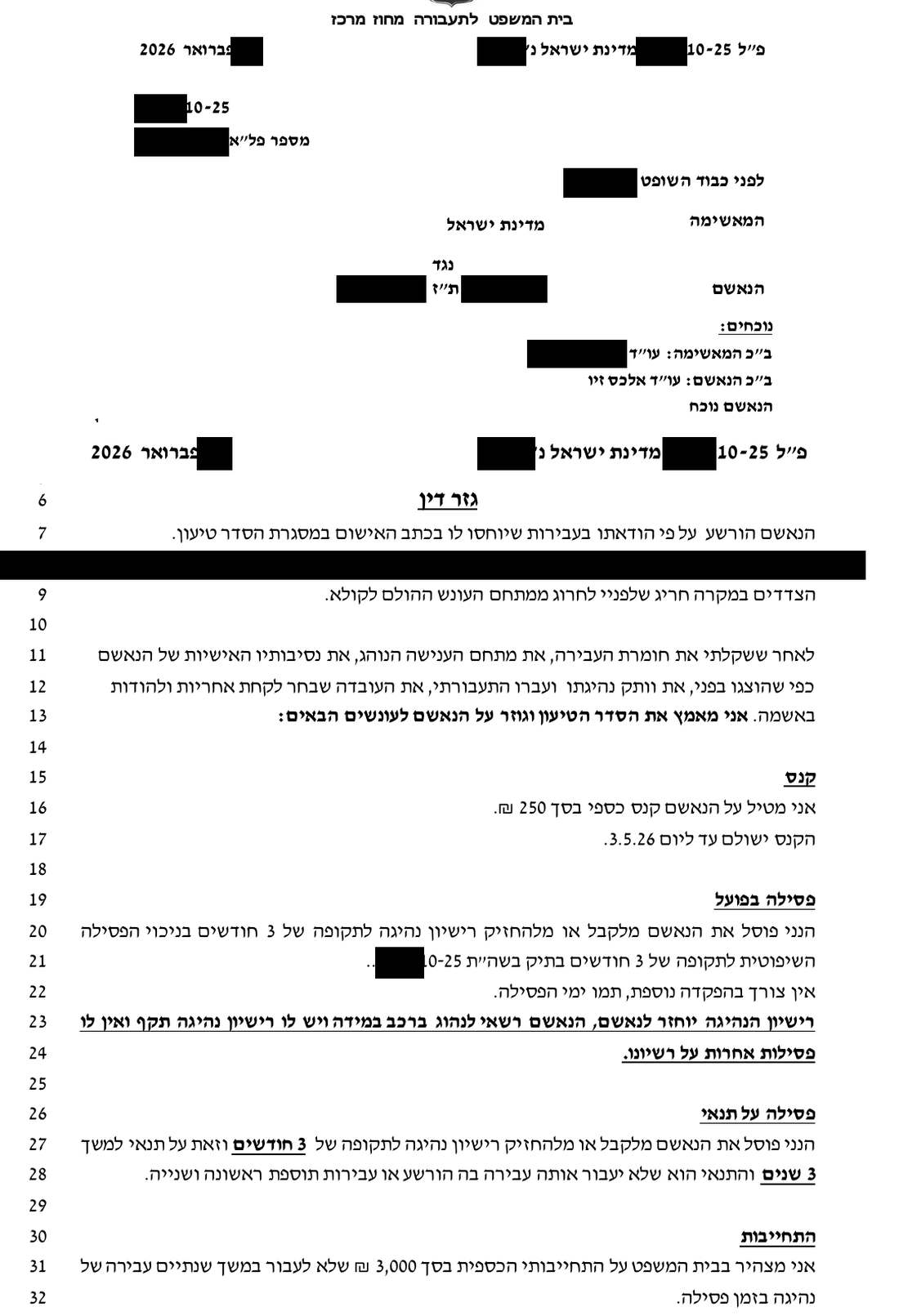 צילום גזר הדין לאחר השחרת פרטים מזהים